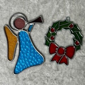Vintage Stained Glass Suncatcher Christmas Ornaments Angel Wreath‎ Holiday Decor
